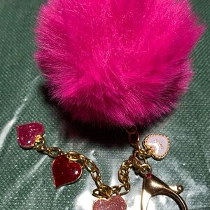 Fuzzy Pink Pom Pom Valentine Purse Charm with Heart Charms